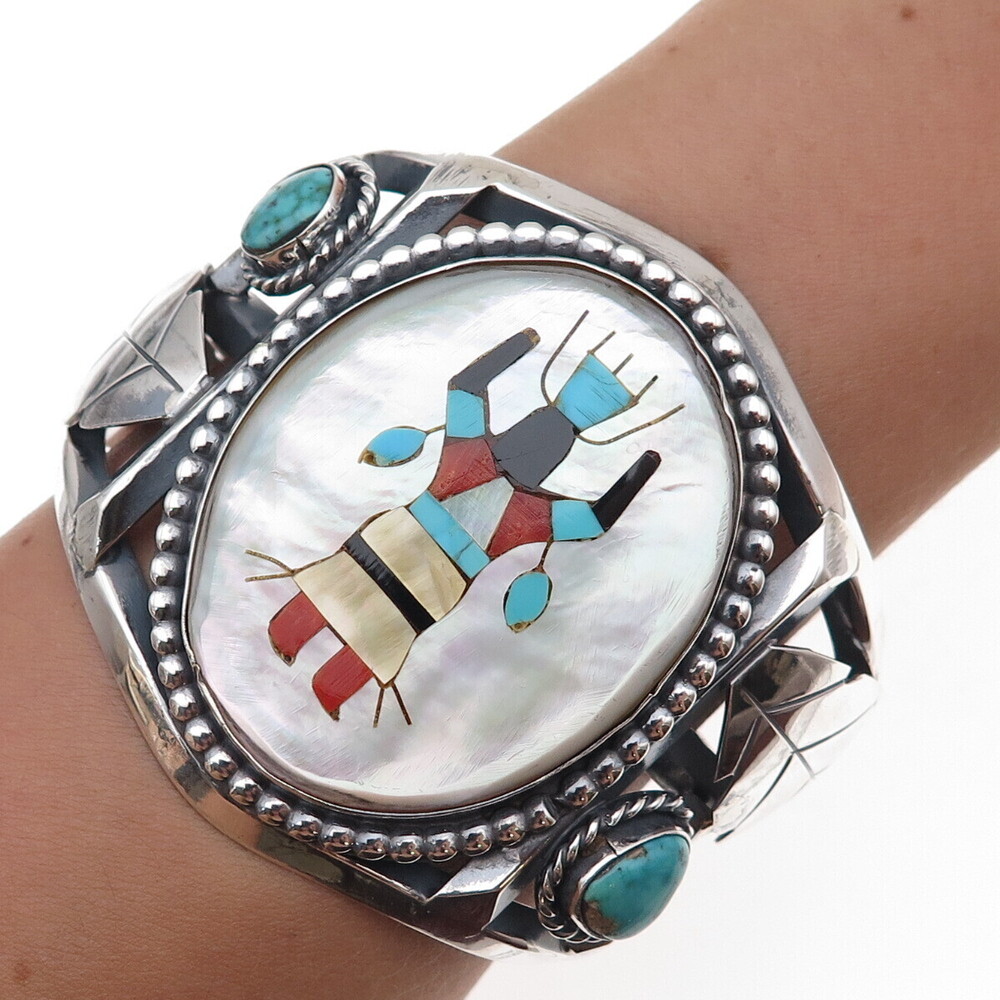 Old Pawn Sterling Silver Vintage Multi-Gem Indian Chief Adjustable Bracelet 6.5"
